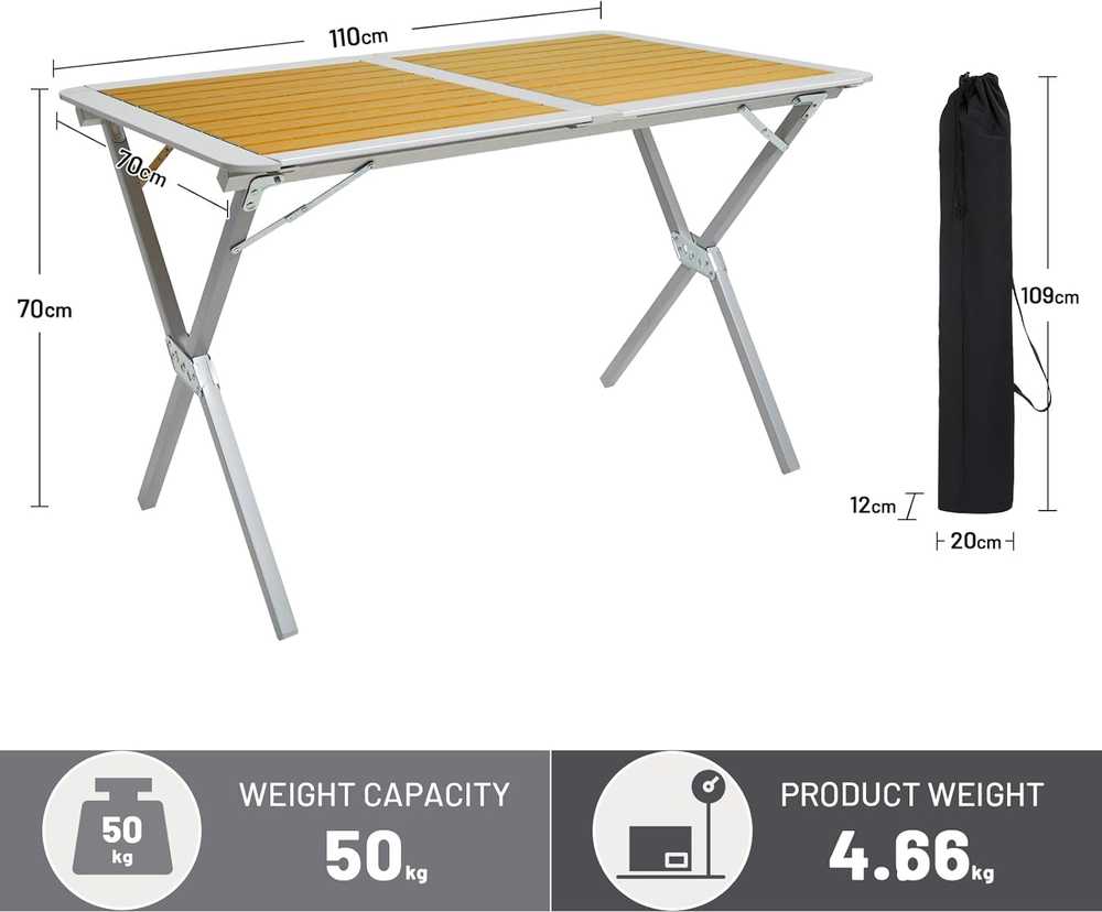 TIMBER RIDGE sulankstomas kempingo stalas, aliuminis, 110 × 70 cm, 4–6 asmenims