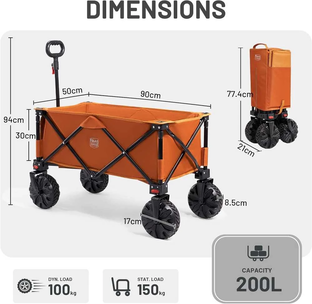 TIMBER RIDGE sulankstomas transportavimo vežimėlis su dideliais ratais, 100 kg maksimali apkrova, EU-TR-21727