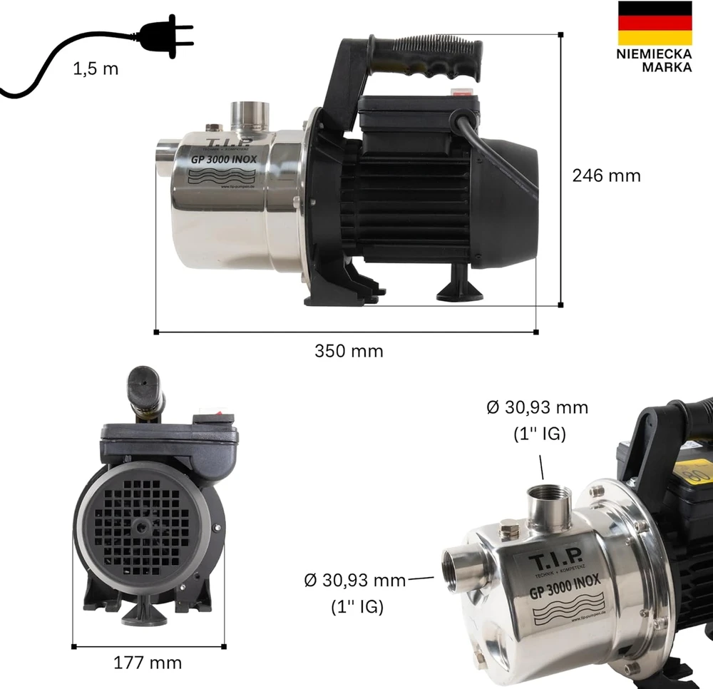 T.I.P. sodo vandens siurblys nerūdijančio plieno korpusu, 550 W, 2950 l/h, GP 3000 INOX