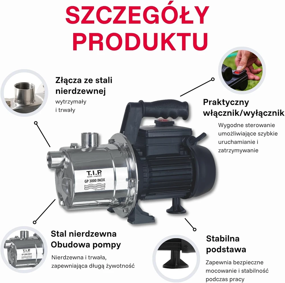 T.I.P. sodo vandens siurblys nerūdijančio plieno korpusu, 550 W, 2950 l/h, GP 3000 INOX