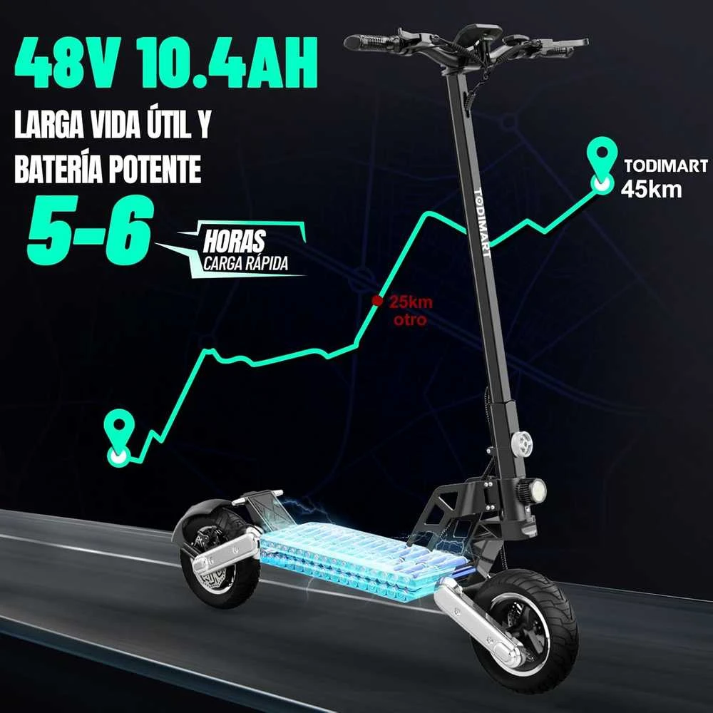 TODIMART elektrinis paspirtukas, 48 V 10,4 Ah baterija, 800 W variklis, 10 colių ratai, sulankstomas, juodas/oranžinis