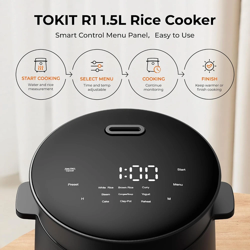 TOKIT mini ryžių viryklė 1,5 l, 350 W, 9 programos, TK-RICECOOKER-EU