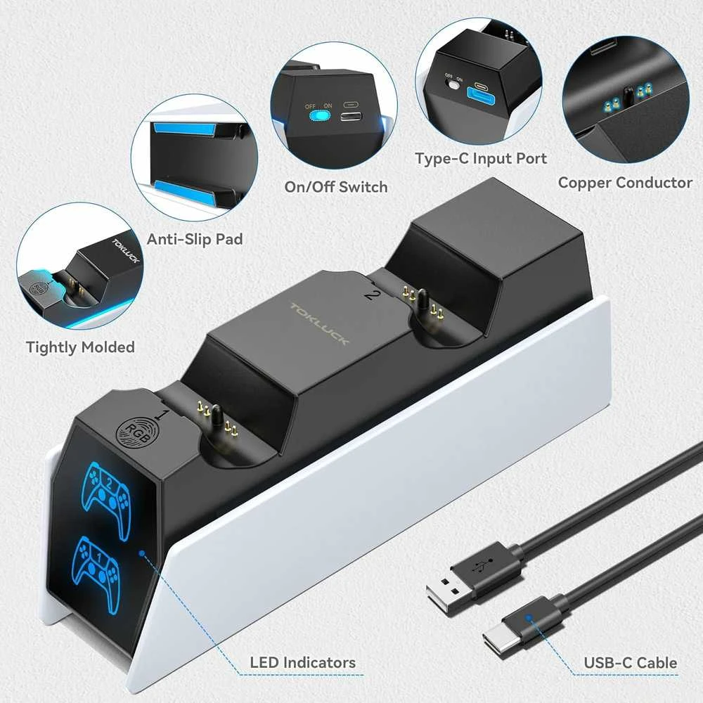 Tokluck dviguba greito įkrovimo stotelė PS5 ir PS5 Edge valdikliams, balta