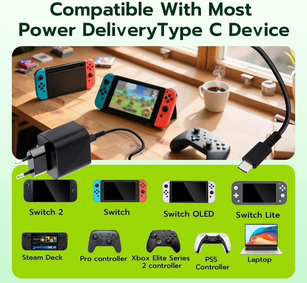 Tolesum tinklo įkroviklis Nintendo Switch 2/OLED/Lite, 60 W USB-C, 1.5 m