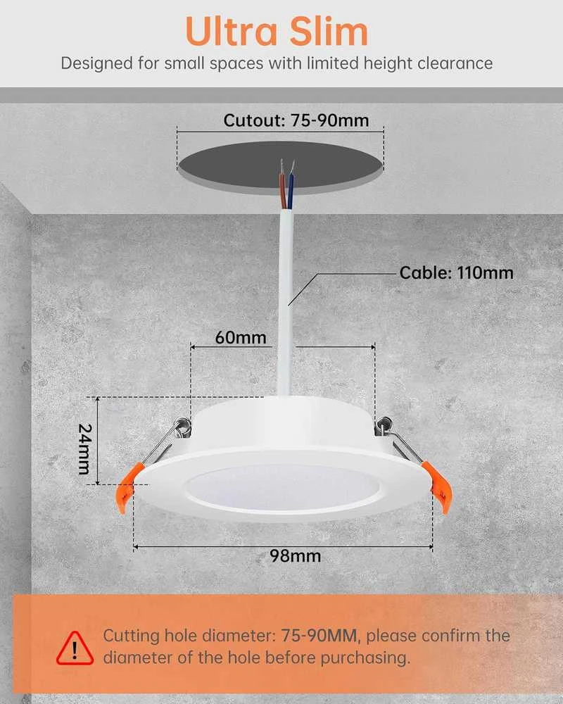 Tomosu LED įleidžiamas lubų šviestuvas 5 W 450 lm IP44 2700 K, plonas, 75-90 mm skylė, šiltai baltas