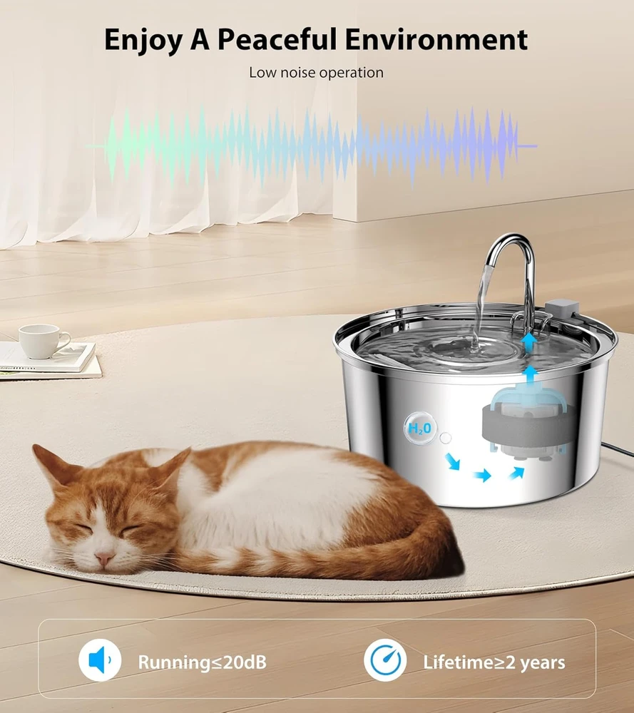 tomxcute nerūdijančio plieno vandens fontanas katėms, 3,2 l, 5 V, BE-0004