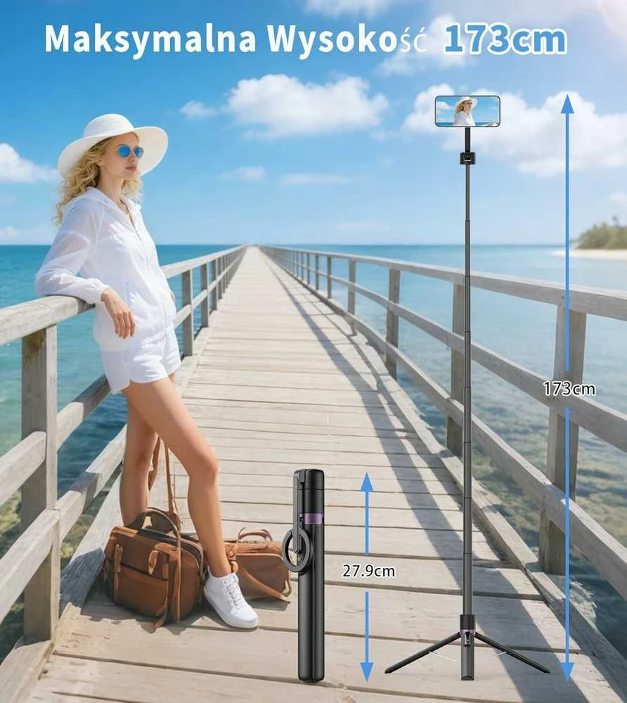 TONEOF magnetinis 173 cm aliuminio telefono trikojis su asmenukių lazda ir pulteliu, juodas–violetinis