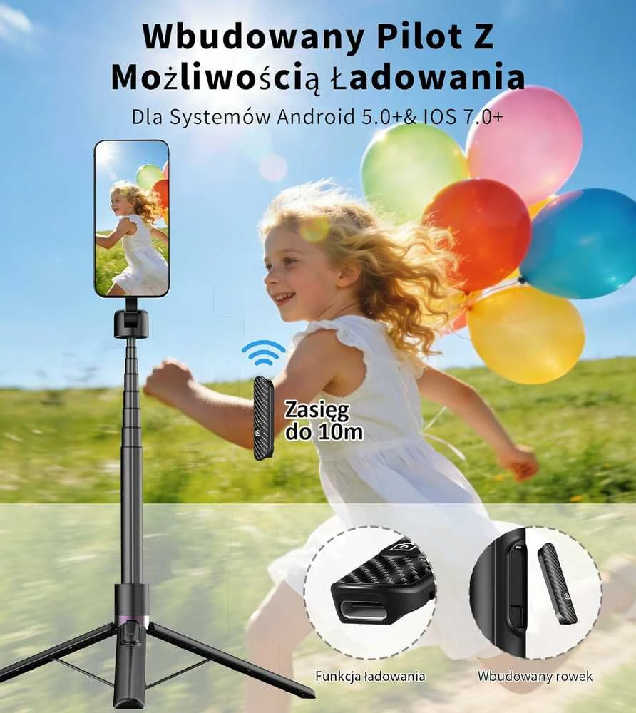 TONEOF magnetinis 173 cm aliuminio telefono trikojis su asmenukių lazda ir pulteliu, juodas–violetinis
