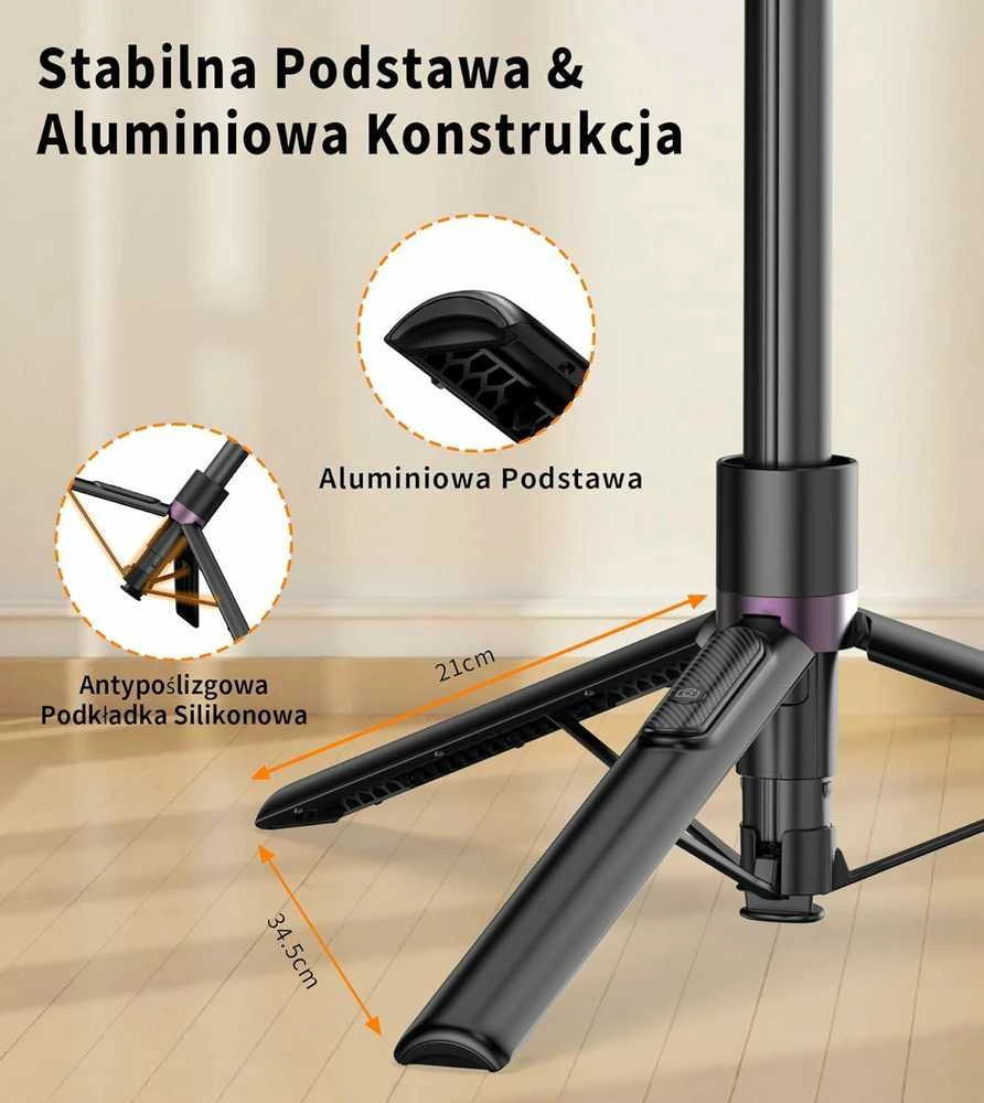TONEOF magnetinis 173 cm aliuminio telefono trikojis su asmenukių lazda ir pulteliu, juodas–violetinis