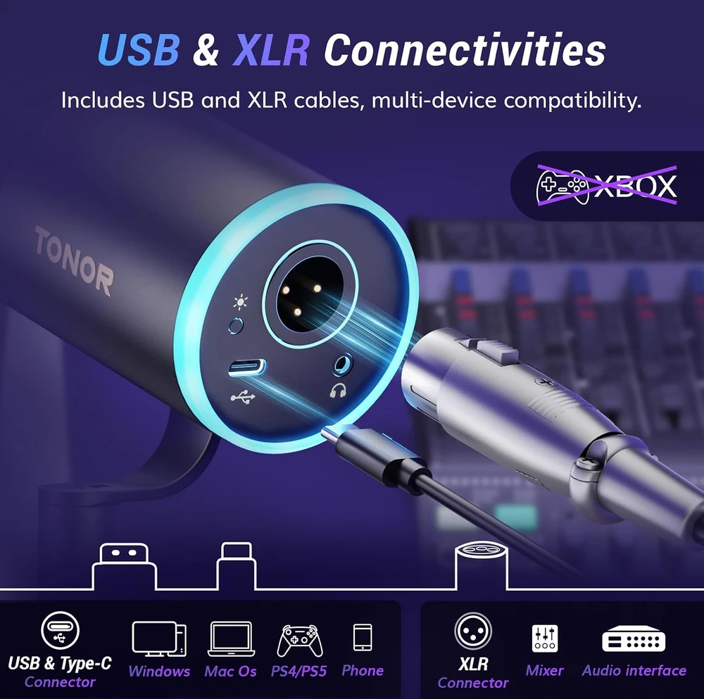 TONOR dinaminis USB/XLR mikrofonas su RGB šviesa, nuleidžiamu stovu, TD520S+