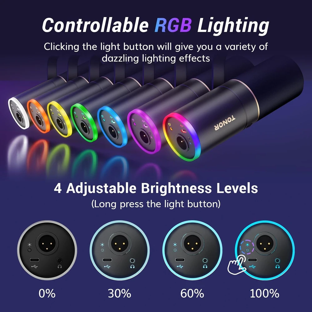 TONOR dinaminis USB/XLR mikrofonas su RGB šviesa, nuleidžiamu stovu, TD520S+