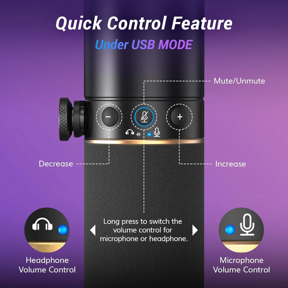 TONOR dinaminis USB/XLR mikrofonas su RGB šviesa, nuleidžiamu stovu, TD520S+