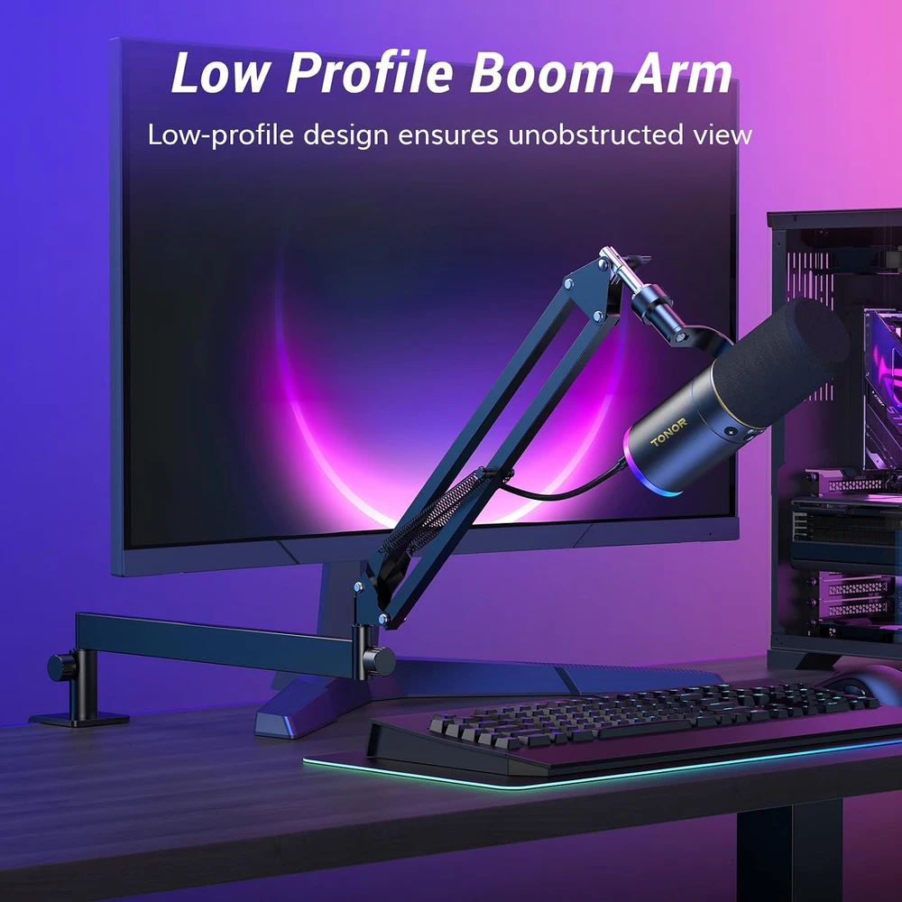 TONOR dinaminis USB/XLR mikrofonas su RGB šviesa, nuleidžiamu stovu, TD520S+