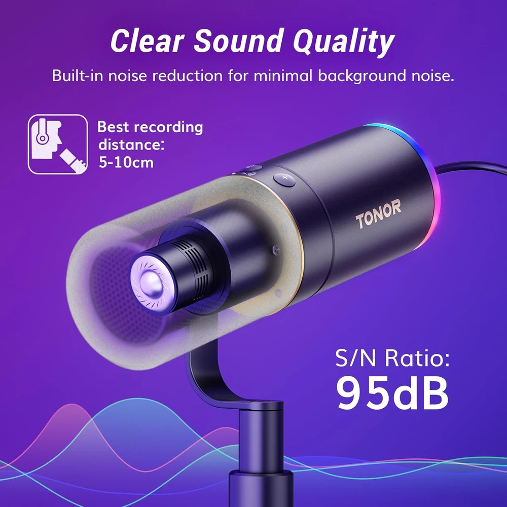 TONOR dinaminis USB/XLR mikrofonas su RGB šviesa, nuleidžiamu stovu, TD520S+