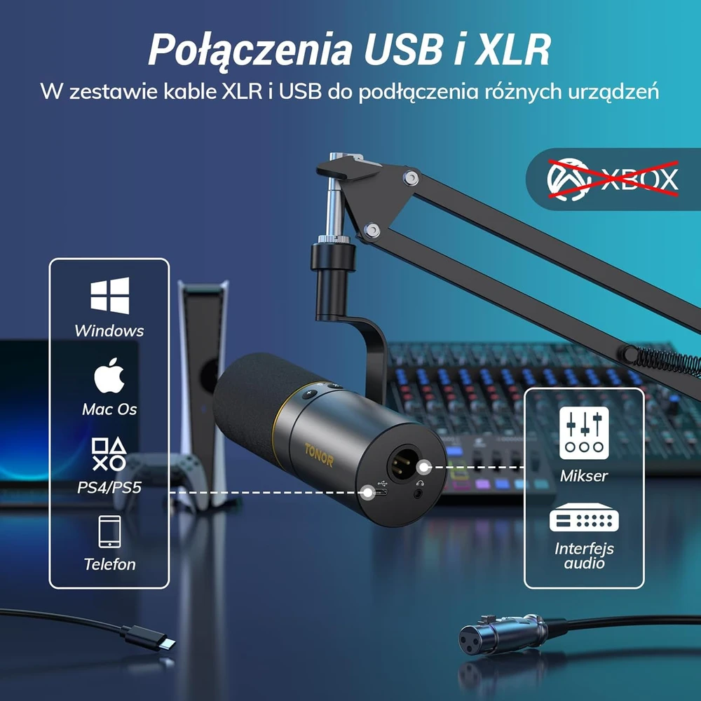 TONOR dinaminis XLR ir USB mikrofonas su stovu, kardioidinės krypties, TD510