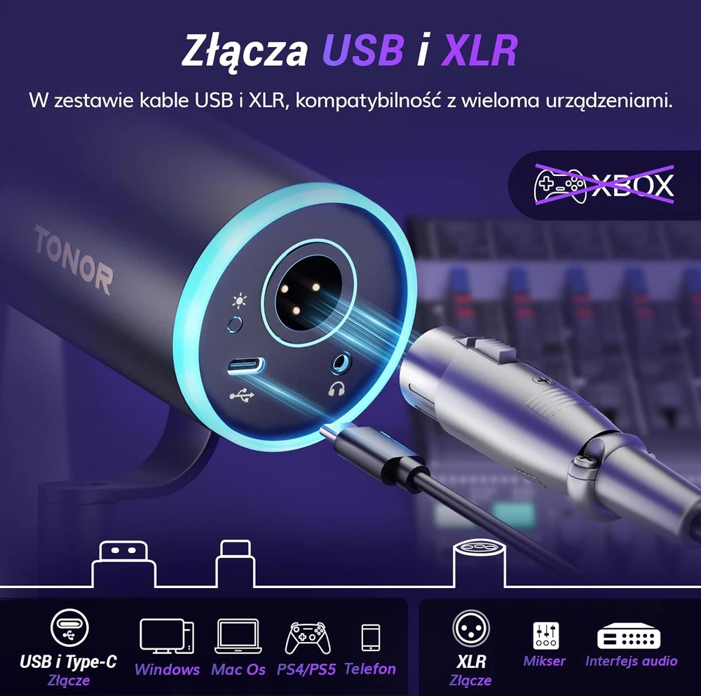 TONOR dinaminis XLR/USB mikrofonas su aukšto profilio stovu, RGB apšvietimu ir triukšmo slopinimu TD520S+