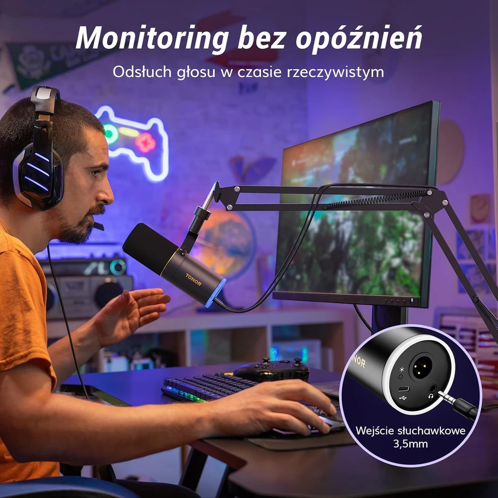 TONOR dinaminis XLR/USB mikrofonas su aukšto profilio stovu, RGB apšvietimu ir triukšmo slopinimu TD520S+