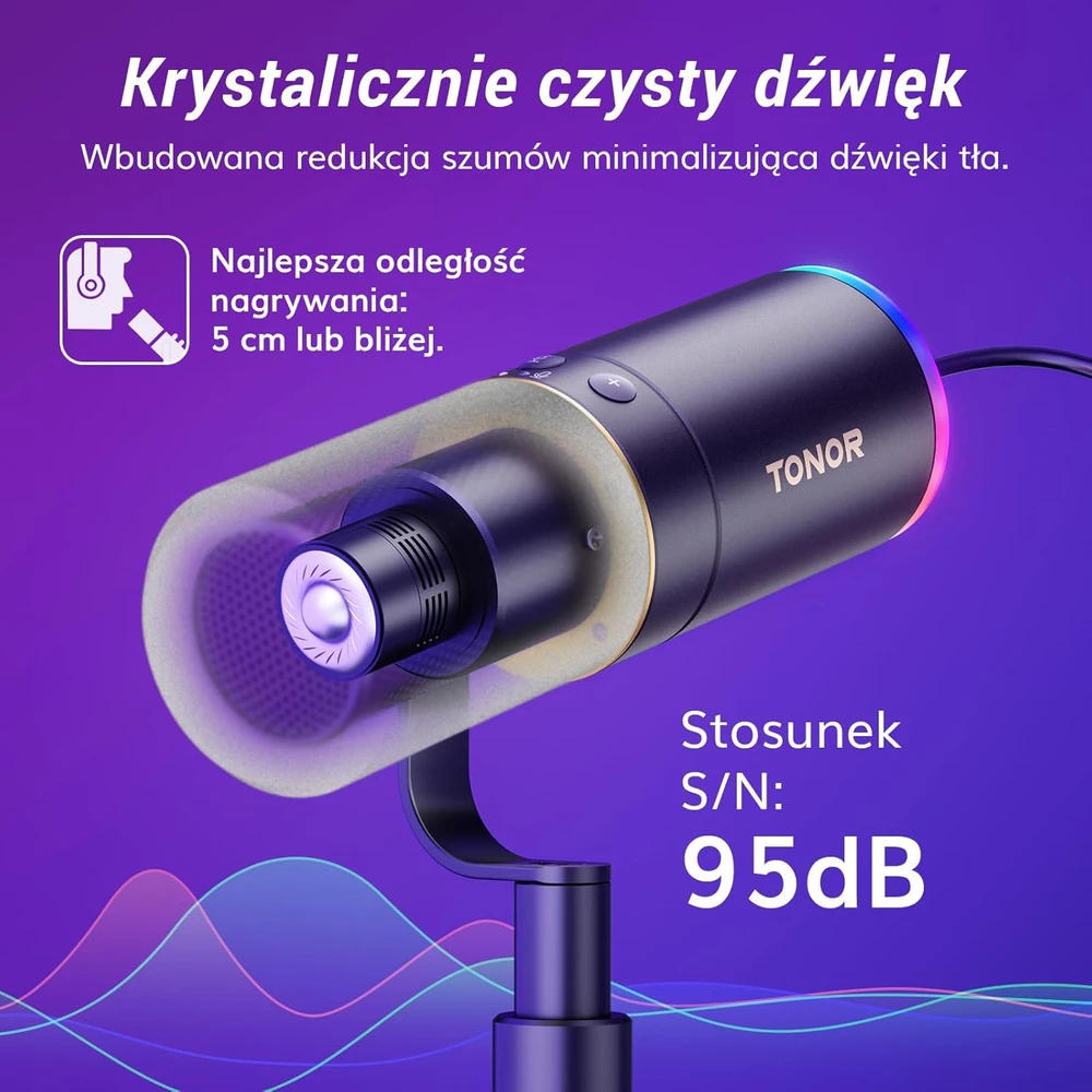 TONOR dinaminis XLR/USB mikrofonas su aukšto profilio stovu, RGB apšvietimu ir triukšmo slopinimu TD520S+
