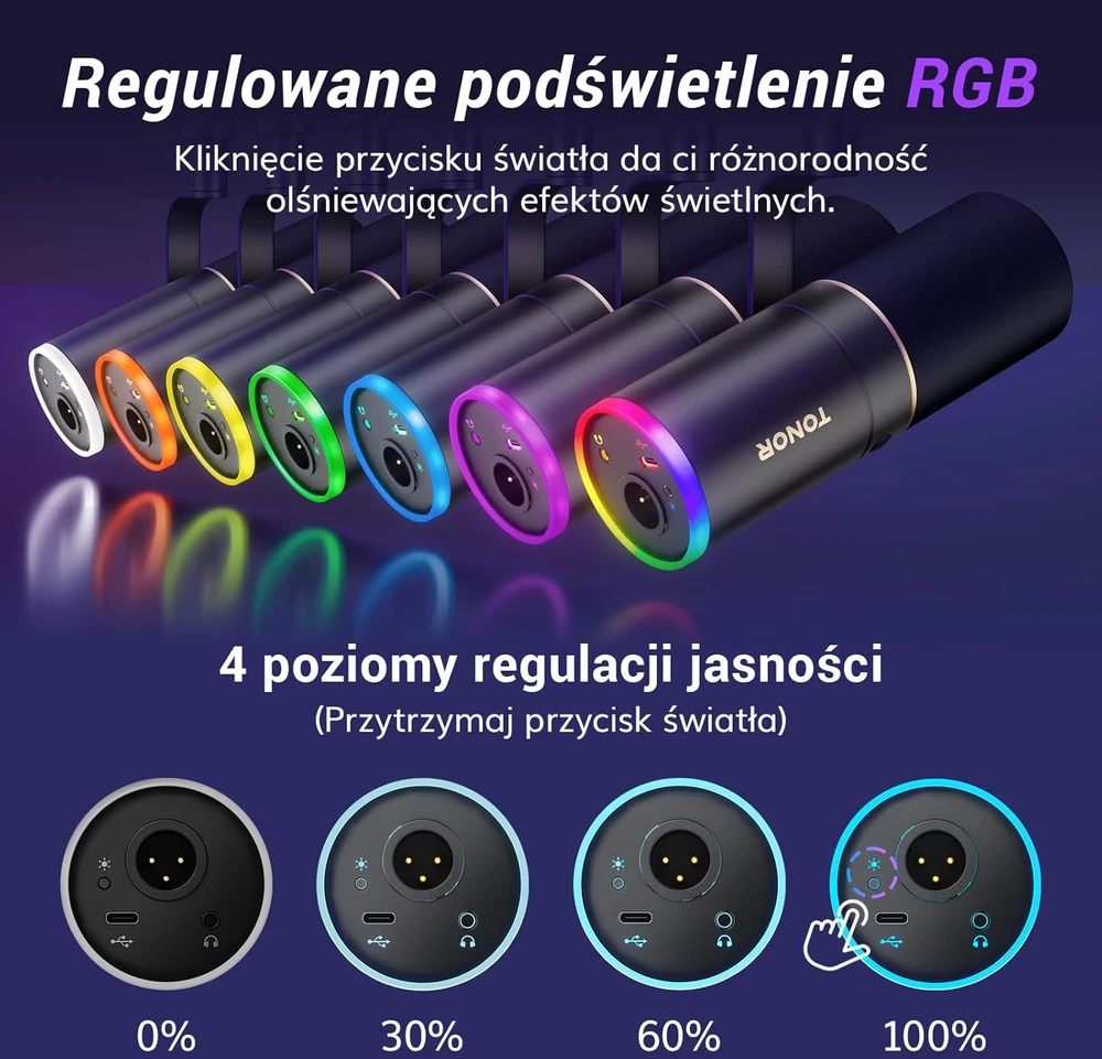 TONOR dinaminis XLR/USB mikrofonas su aukšto profilio stovu, RGB apšvietimu ir triukšmo slopinimu TD520S+