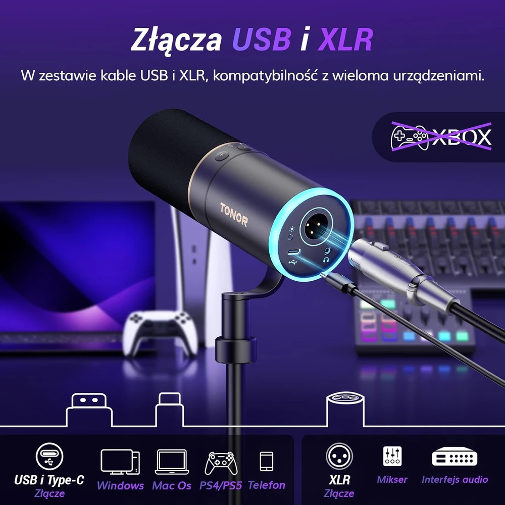 TONOR dinaminis žaidimų mikrofonas su RGB apšvietimu, XLR/USB, ausinių lizdu, TD520S