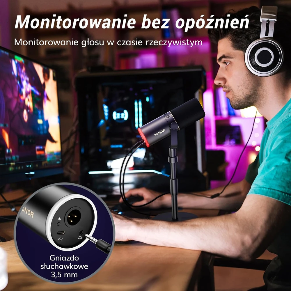 TONOR dinaminis žaidimų mikrofonas su RGB apšvietimu, XLR/USB, ausinių lizdu, TD520S