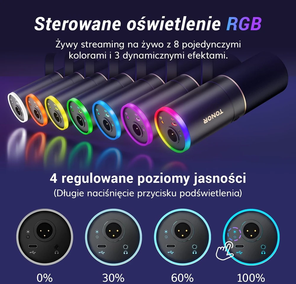 TONOR dinaminis žaidimų mikrofonas su RGB apšvietimu, XLR/USB, ausinių lizdu, TD520S