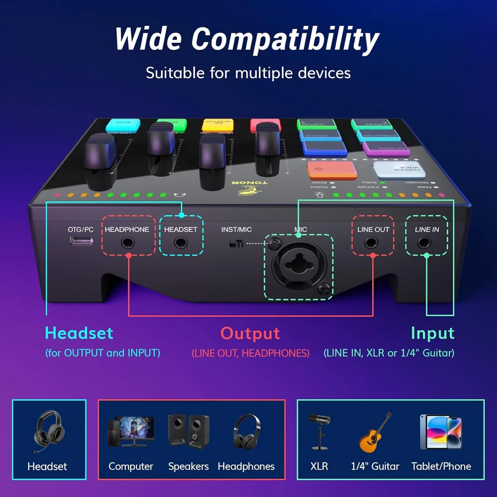 TONOR podcastų įrašų rinkinys su XLR mikrofonu, audio sąsaja ir RGB efektų mikseriu E7