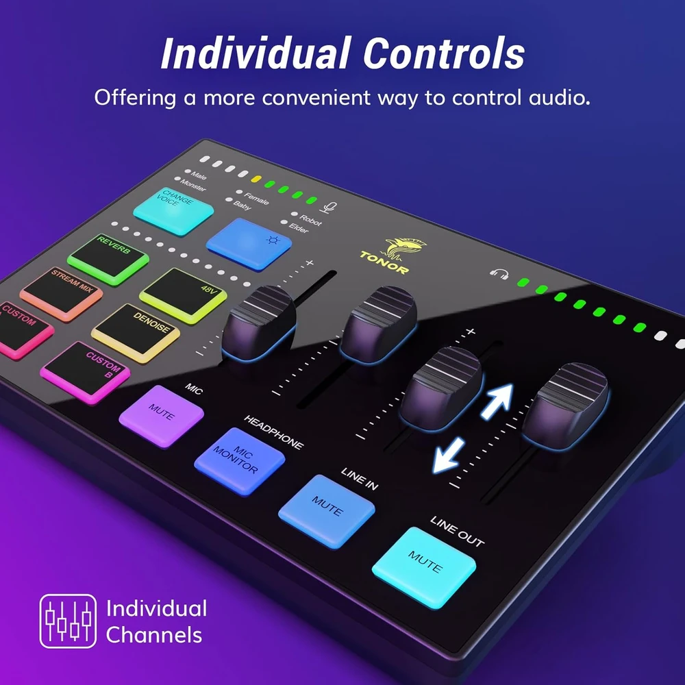 TONOR podcastų įrašų rinkinys su XLR mikrofonu, audio sąsaja ir RGB efektų mikseriu E7