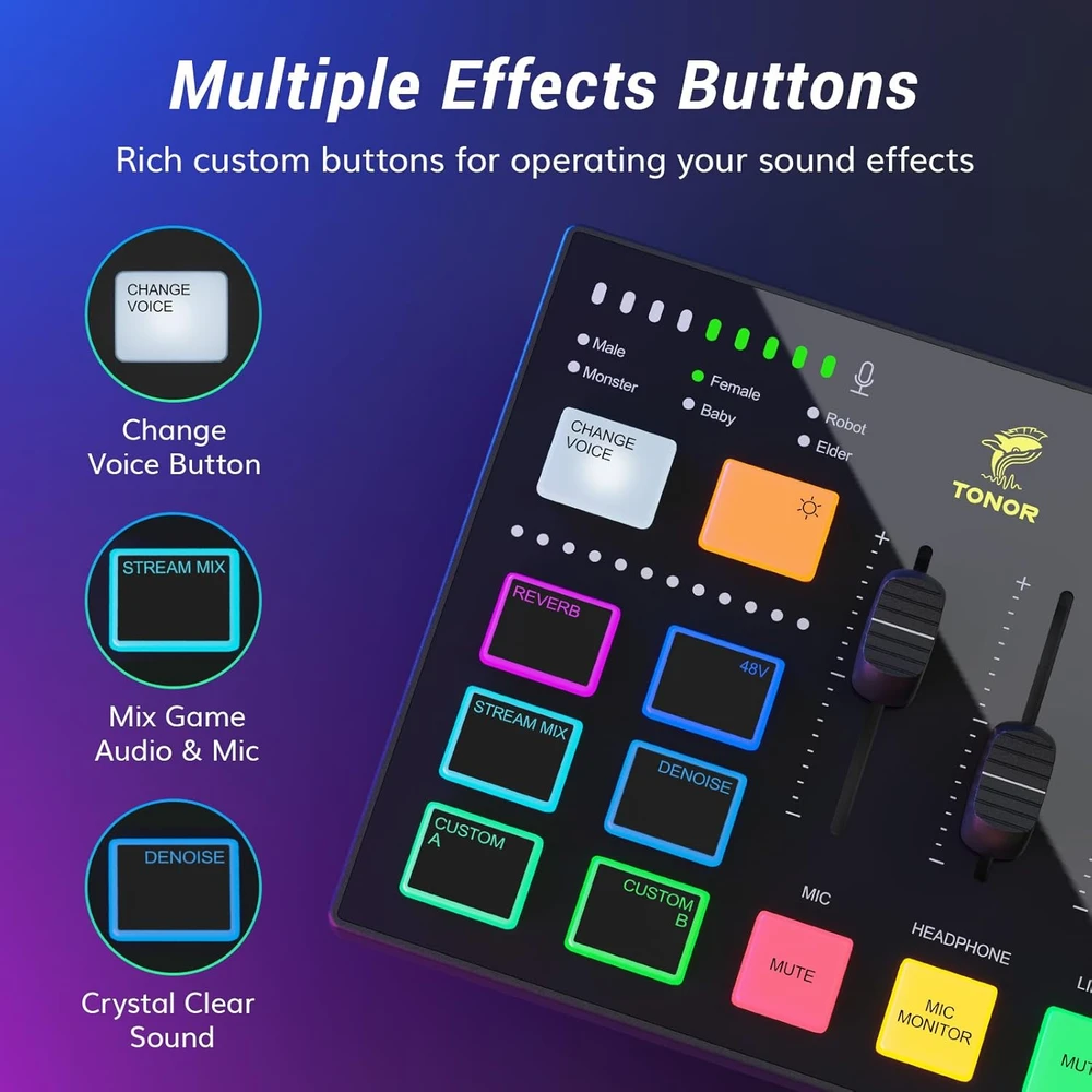 TONOR podcastų įrašų rinkinys su XLR mikrofonu, audio sąsaja ir RGB efektų mikseriu E7