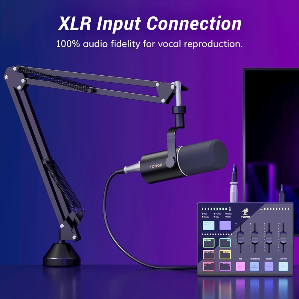 TONOR podcastų įrašų rinkinys su XLR mikrofonu, audio sąsaja ir RGB efektų mikseriu E7