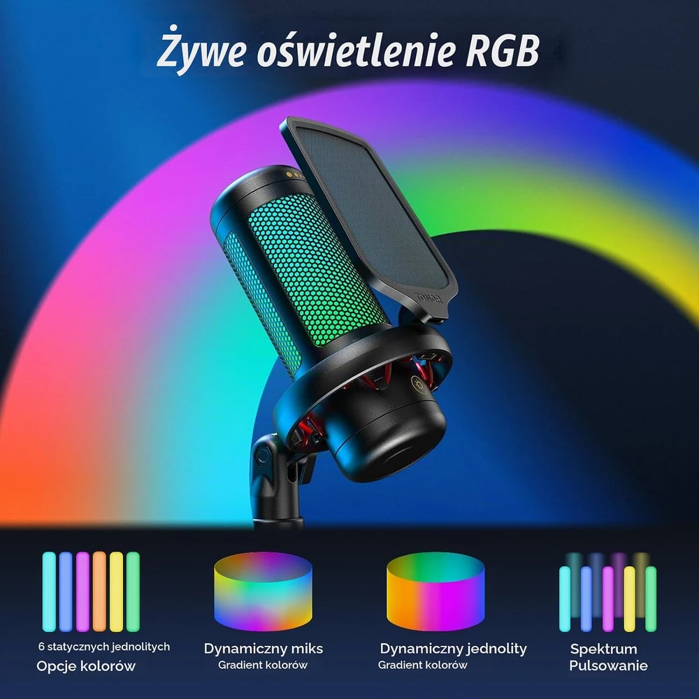 TONOR TC-310 stalinis USB kondensatorinis kardioidinis mikrofonas su RGB apšvietimu