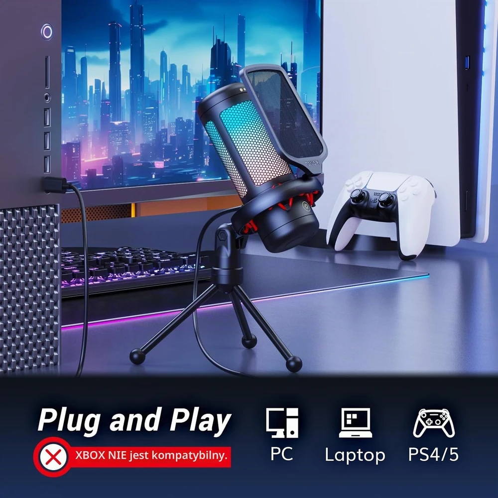 TONOR TC-310 stalinis USB kondensatorinis kardioidinis mikrofonas su RGB apšvietimu