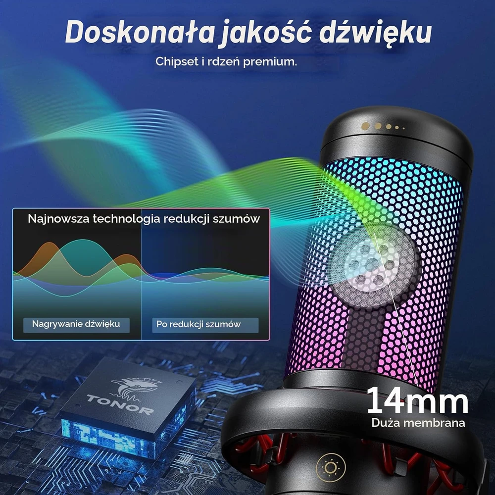 TONOR TC-310 stalinis USB kondensatorinis kardioidinis mikrofonas su RGB apšvietimu