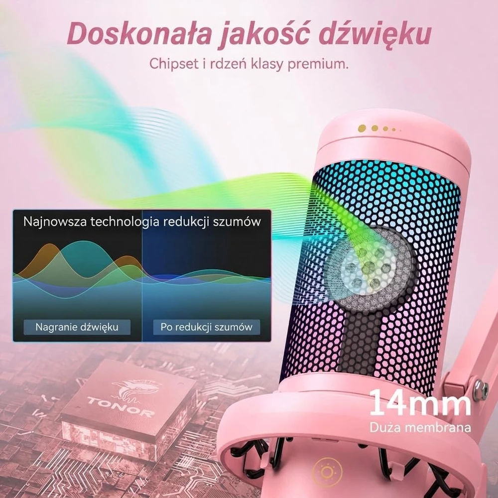 TONOR TC310+ USB kardioidinis žaidimų mikrofonas su RGB apšvietimu, rožinis
