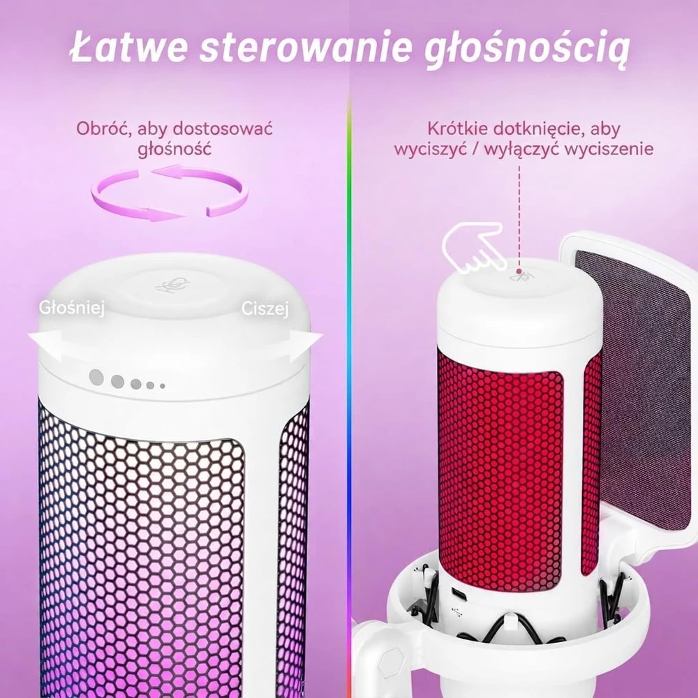 TONOR TC310+ USB kardioidinis žaidimų mikrofonas su RGB apšvietimu, baltas