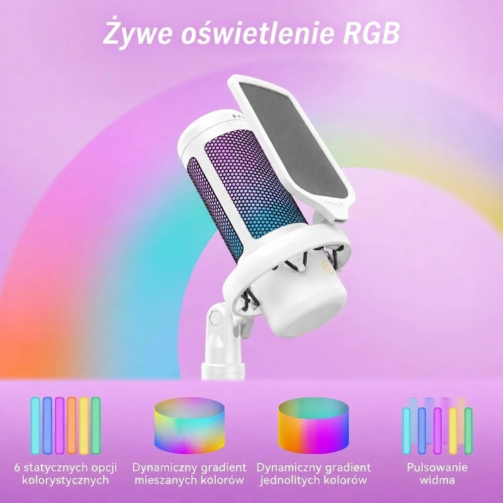 TONOR TC310+ USB kardioidinis žaidimų mikrofonas su RGB apšvietimu, baltas