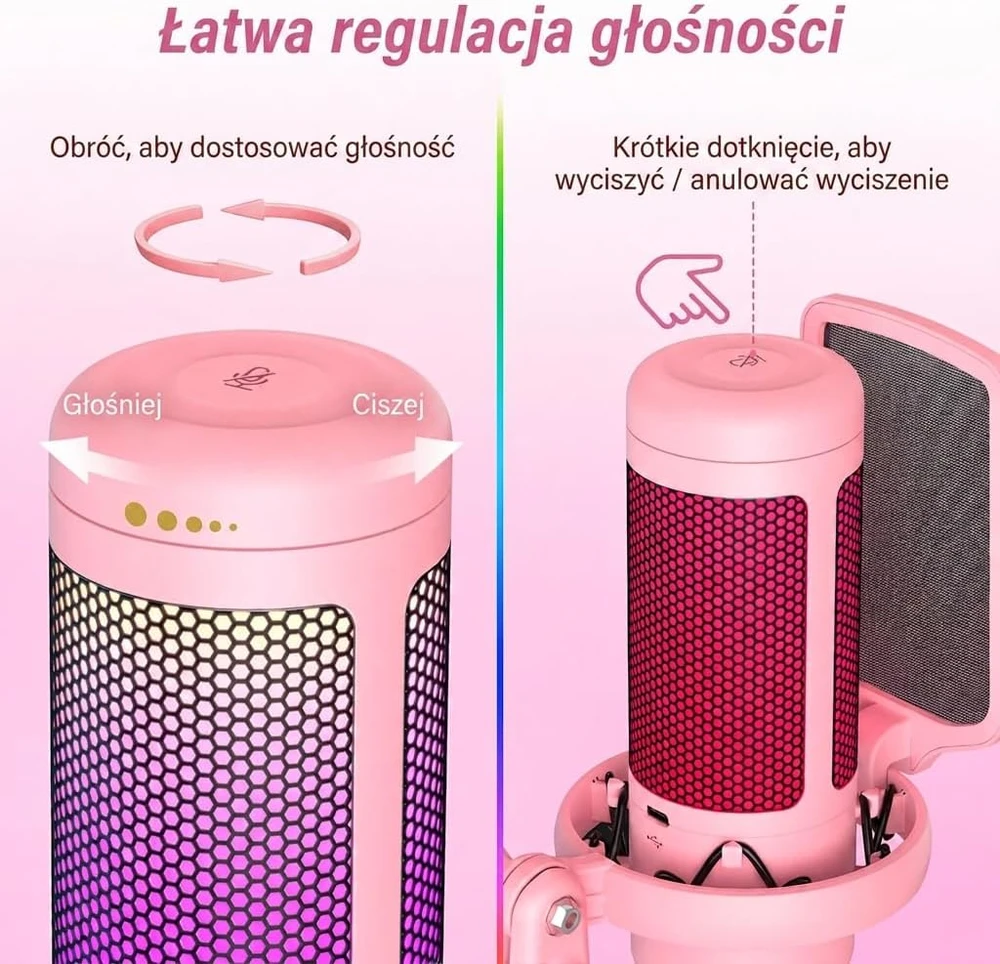 TONOR TC310+ USB kardioidinis žaidimų mikrofonas su RGB apšvietimu, rožinis