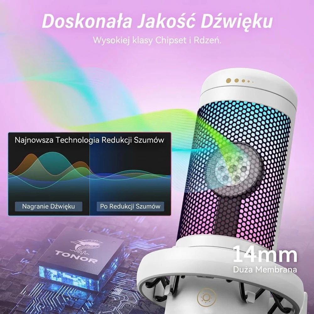 TONOR TC310+ USB kardioidinis žaidimų mikrofonas su RGB apšvietimu, baltas