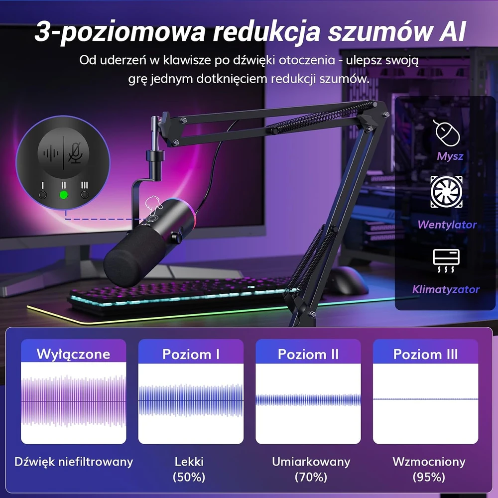 TONOR TD510 Air S H+ dinaminis žaidimų mikrofonas su USB/XLR ir AI triukšmo slopinimu