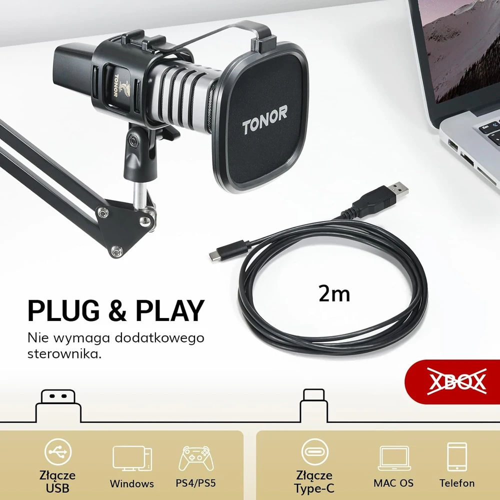 TONOR USB kondensatorinis kardioidinis mikrofonas su reguliuojamu stovu ir pop filtru TC30+