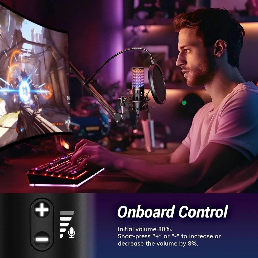 TONOR USB mikrofonas su reguliuojamu stoveliu, RGB apšvietimu, kardioidiniu kryptingumu, Q9S
