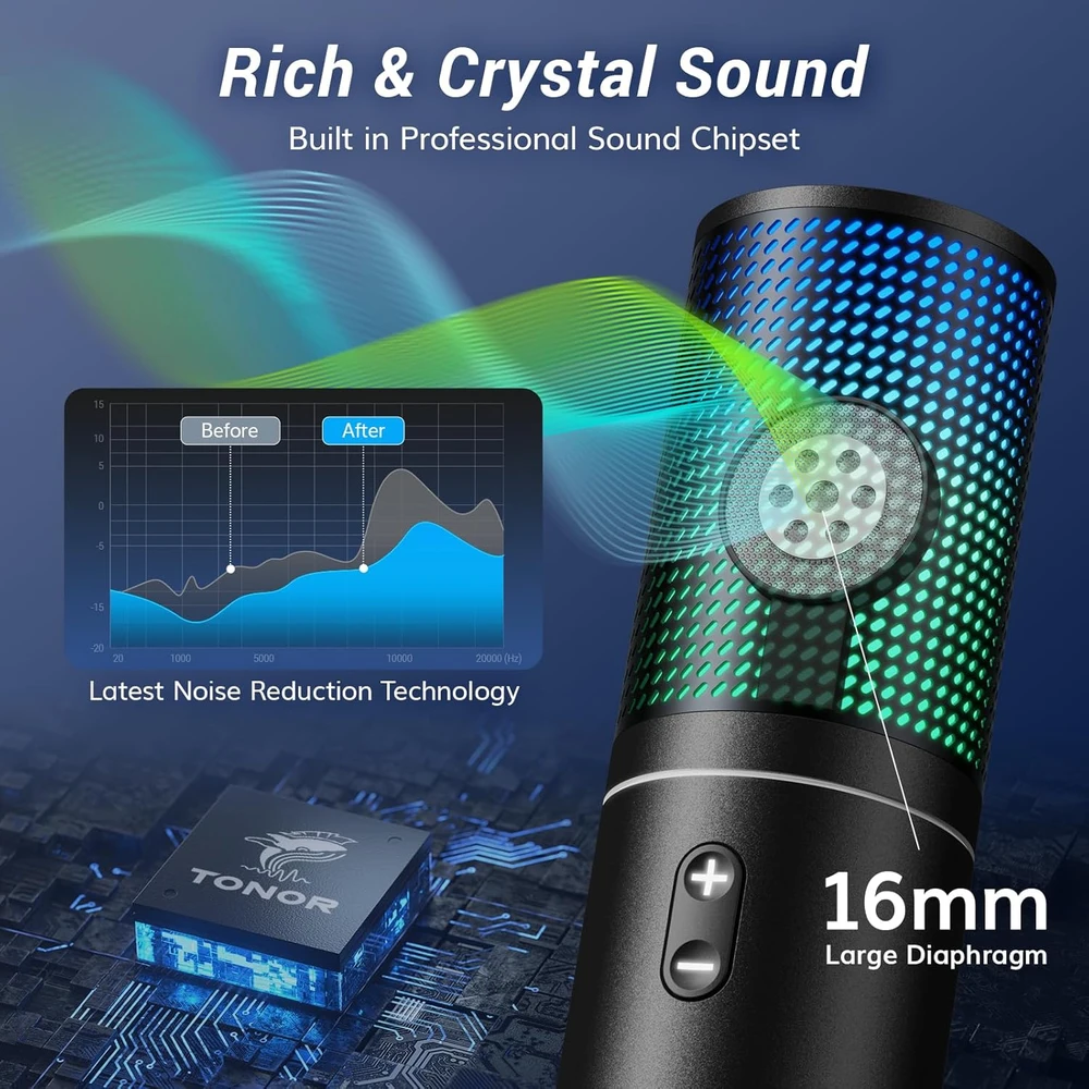 TONOR USB mikrofonas su reguliuojamu stoveliu, RGB apšvietimu, kardioidiniu kryptingumu, Q9S