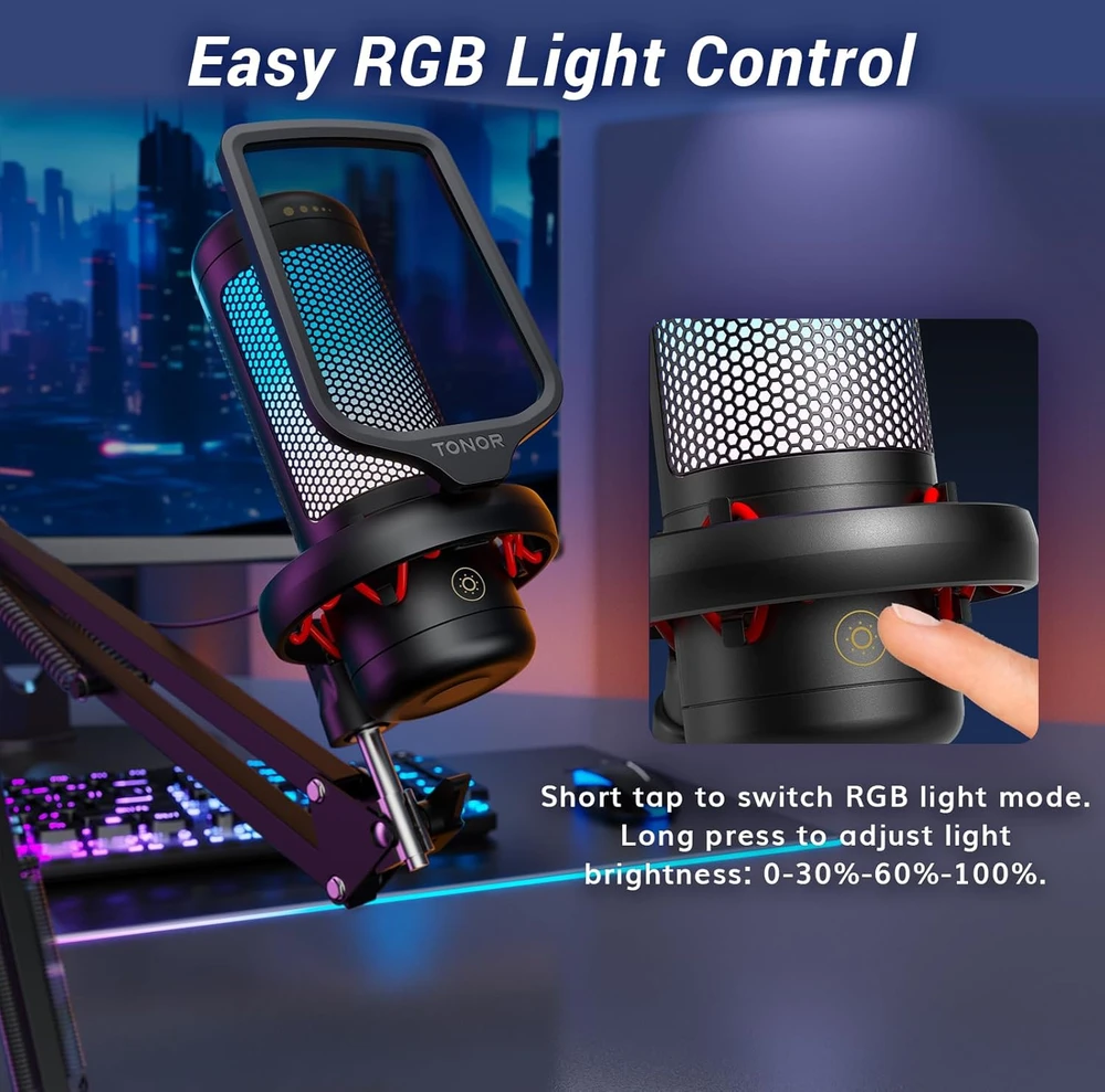 TONOR USB žaidimų mikrofonas su RGB apšvietimu ir reguliuojama šviesos intensyvumu TC310+