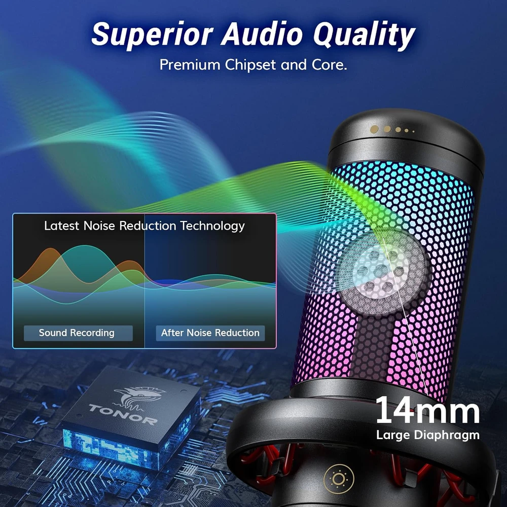 TONOR USB žaidimų mikrofonas su RGB apšvietimu ir reguliuojama šviesos intensyvumu TC310+