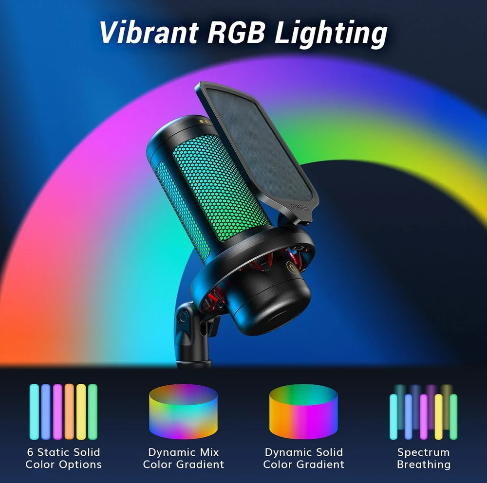 TONOR USB žaidimų mikrofonas su RGB apšvietimu ir reguliuojama šviesos intensyvumu TC310+
