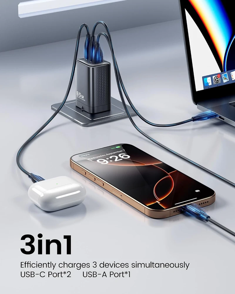 toocki 65 W GaN tinklo įkroviklis su 3 prievadais ir 1 m USB-C laidu, TCT65-22