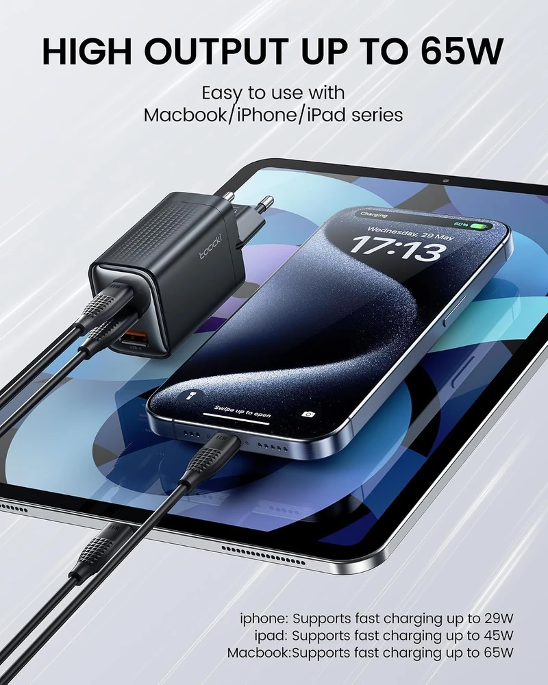toocki 65 W GaN tinklo įkroviklis su 3 prievadais ir 1 m USB-C laidu, TCT65-22