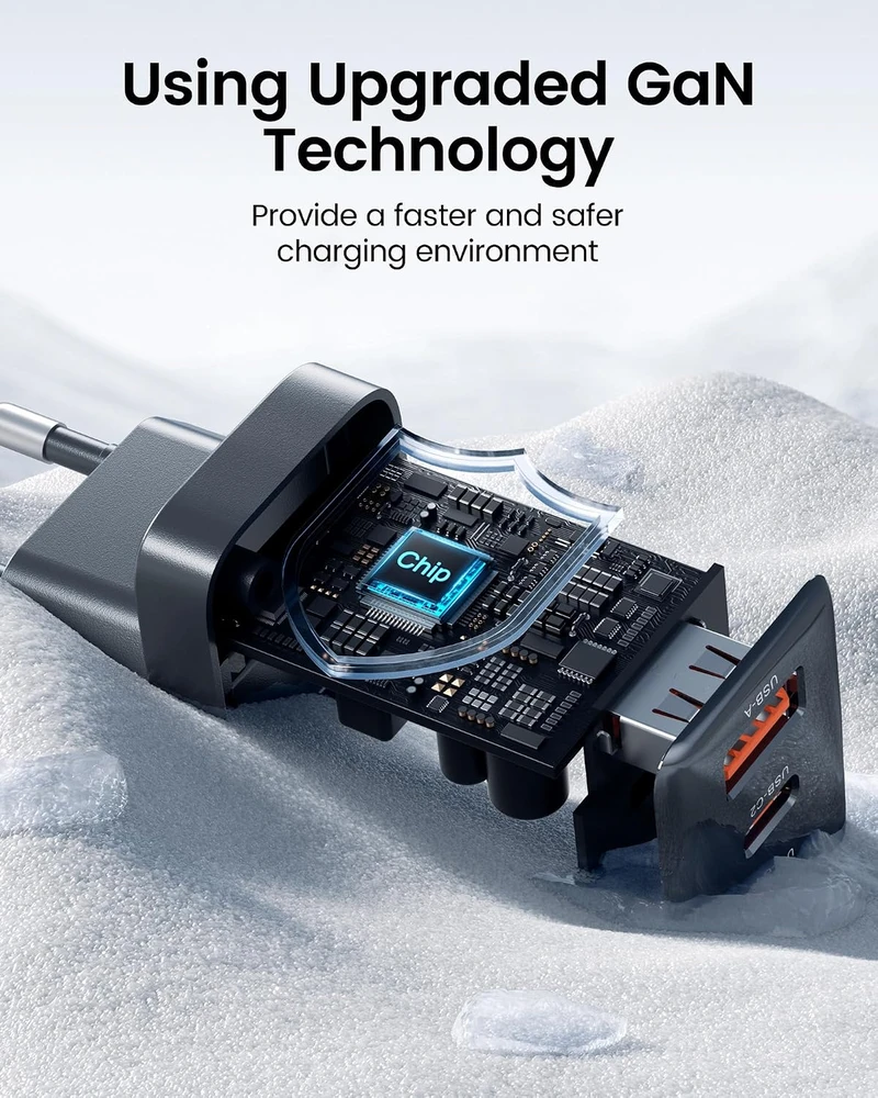 toocki 65 W GaN tinklo įkroviklis su 3 prievadais ir 1 m USB-C laidu, TCT65-22