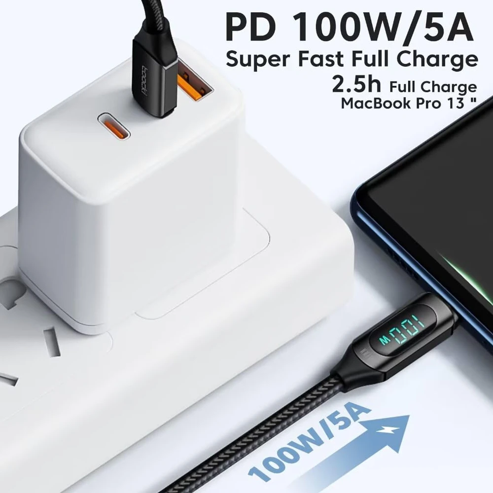 Toocki USB-C į USB-C laidas su LED ekranu, 100W, 1 m, greitasis krovimas, juodas, TQ-X03C2