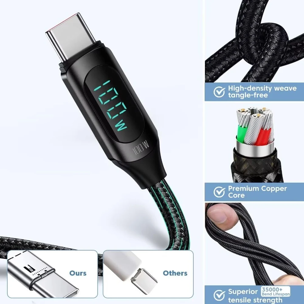 Toocki USB-C į USB-C laidas su LED ekranu, 100W, 1 m, greitasis krovimas, juodas, TQ-X03C2